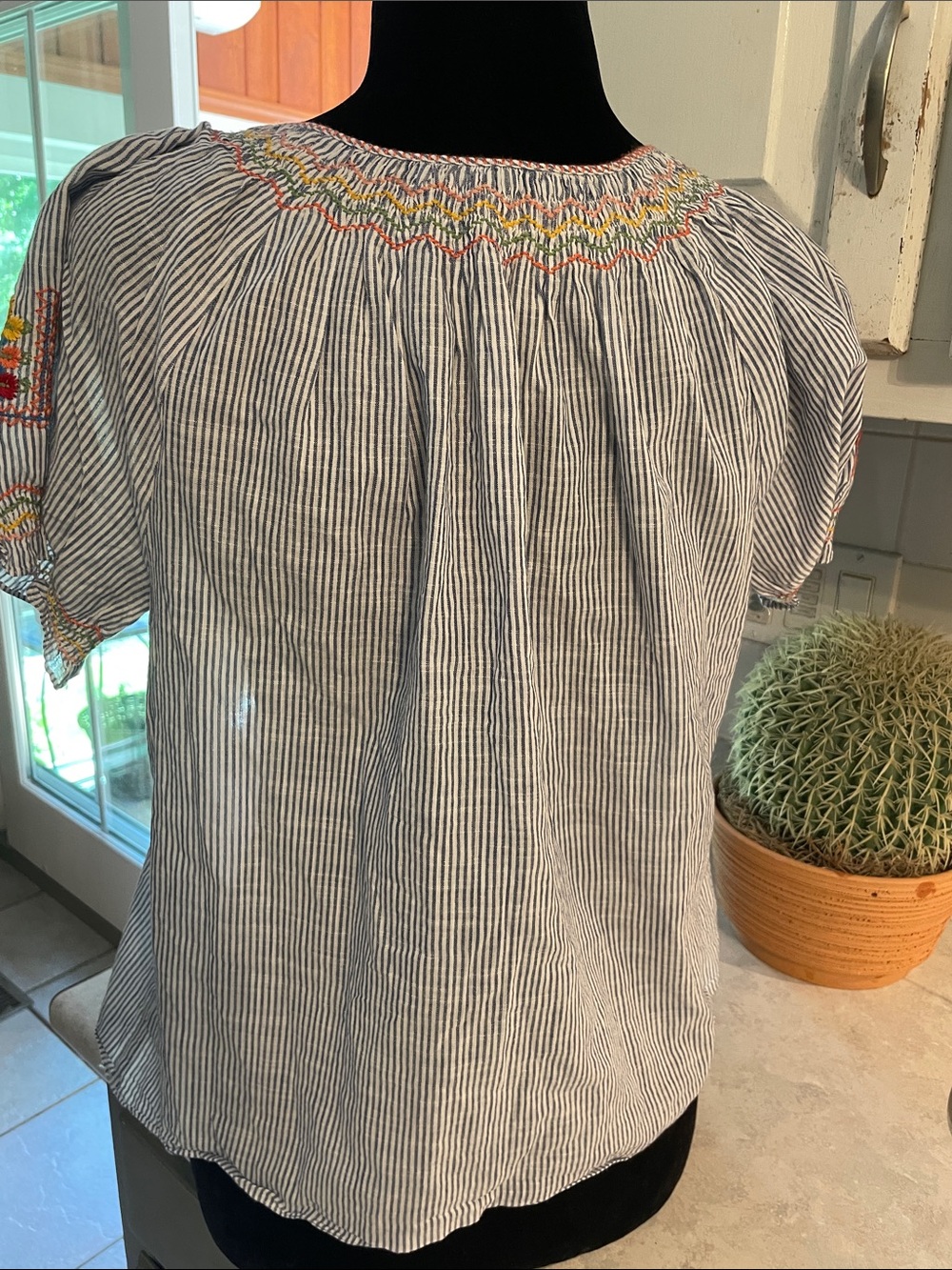 Madewell Embroidered Blue Stripe Peasant Top - Picture 3 of 9
